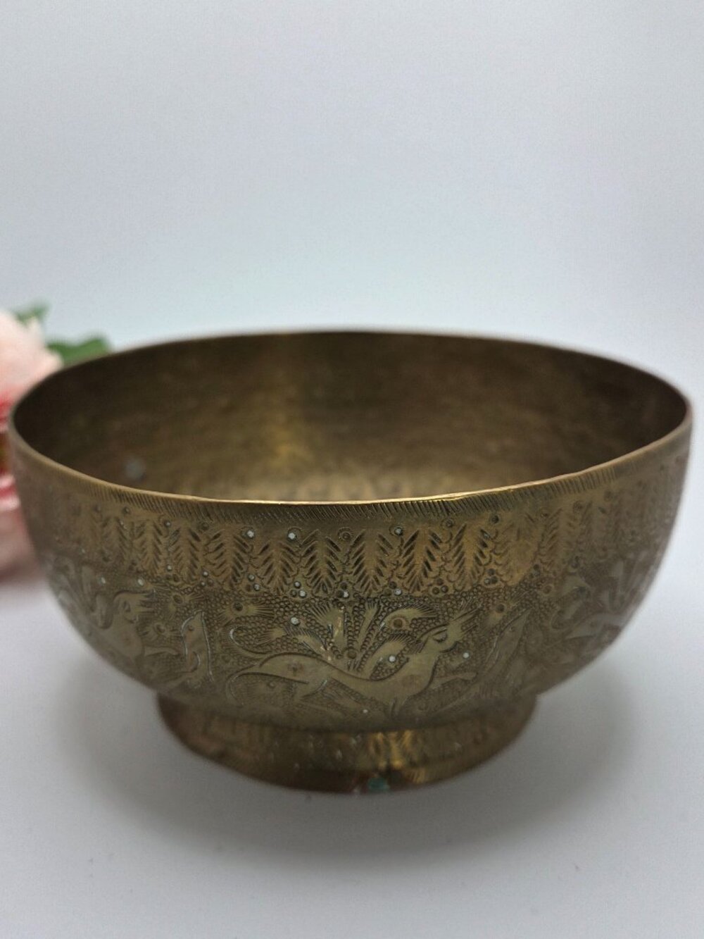 Vintage Brass Bowl Bird Etched Footed MCM